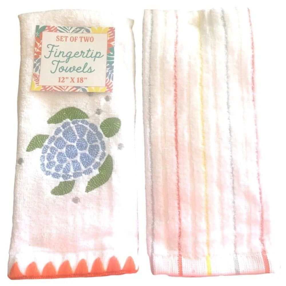 Sea Turtle Striped Fingertip Towels Embroidered Beach House Bathroom Set of 2
